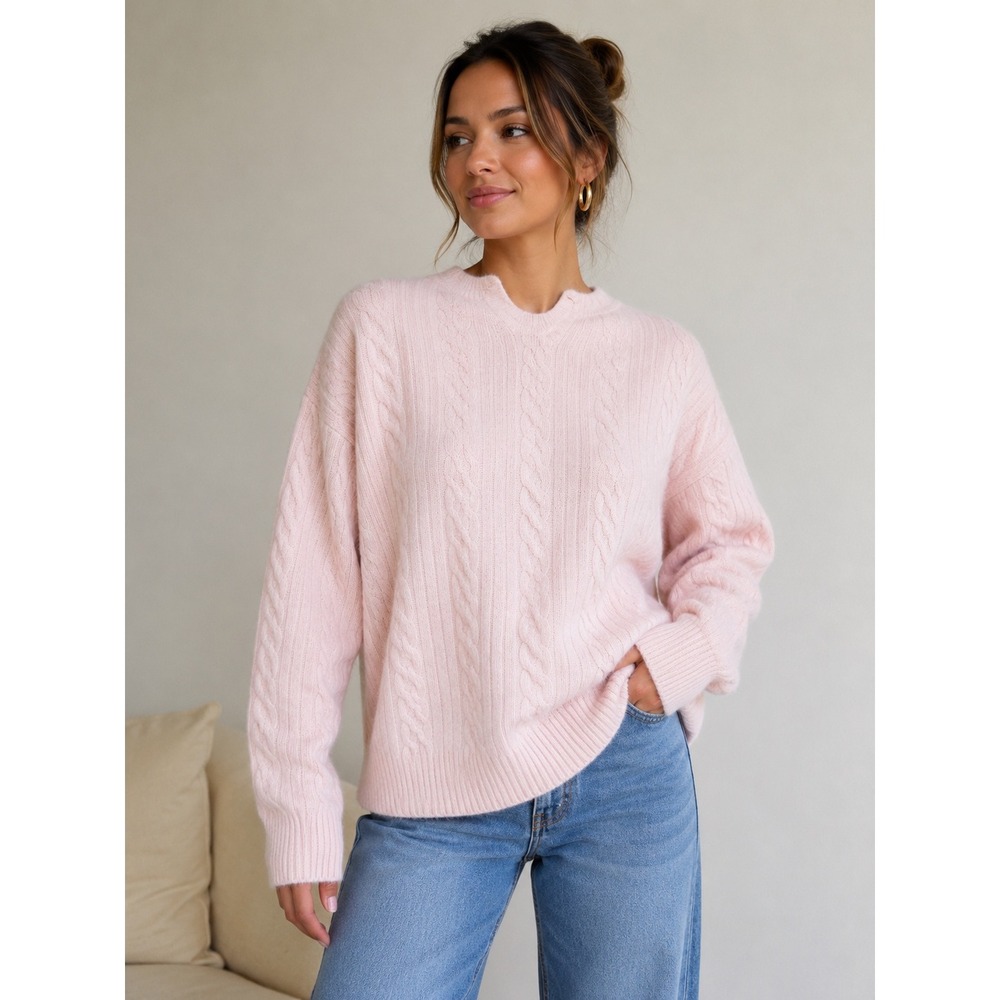 Valerie Stevens Luxury Yarns Angora Lambswool Cable Knit Sweater Womens L Pink